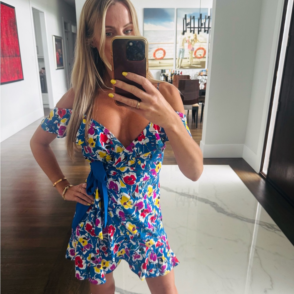 Topshop Floral Mini Dress in Blue, Red, and Yellow
